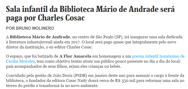 Sala infantil da Biblioteca Mário de Andrade será paga por Charles Cosac