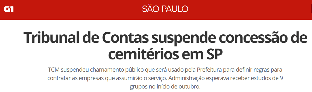 Tribunal de Contas suspende concessão de cemitérios em SP