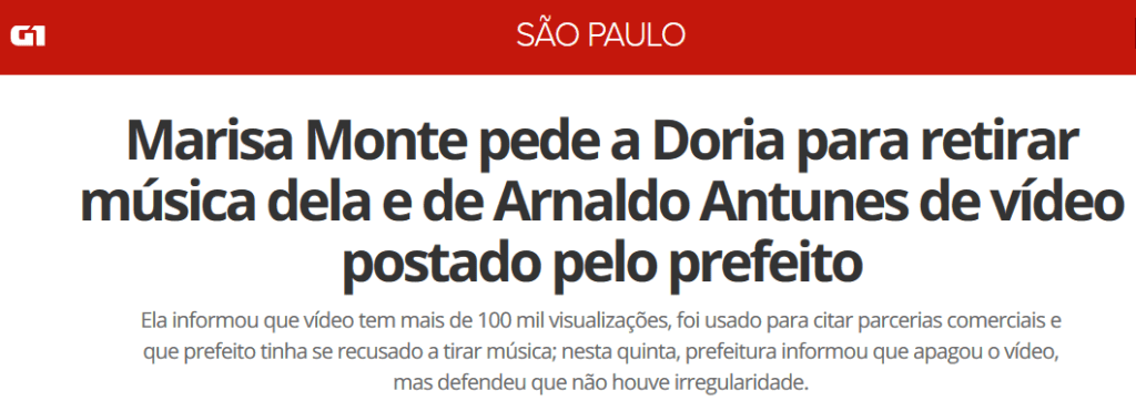 Marisa Monte pede a Doria para retirar música dela e de Arnaldo Antunes de vídeo postado pelo prefeito